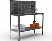 Стол-верстак Metalex серия KIT 950х1000х600 (одна полка) + перфопанель с комплектом аксессуаров (серый)