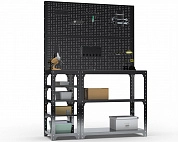 Стол-верстак Metalex серия KIT 950х1500х600 (с бок. полками, двумя перфопанелями и комп. аксессуаров) (черный)