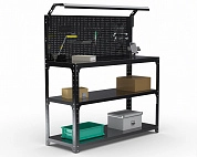 Стол-верстак Metalex серия KIT 950х1000х600 (2-е полки, + перфопанель с комплектом освещения) (чёрный)