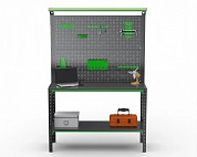 Стол-верстак Metalex серия KIT 950х1300х500 (одна полка + двойная перфопанель с комплектом освещения) (серо-зеленый)