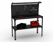 Верстак Metalex серия SUN 950х1600х600 (одна полка + перфопанель с комплектом освещения) чёрный