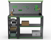 Стол-верстак Metalex серия KIT 950х1000х400 (с бок. полками, перфопанелью и комп. освещения) (серо-зеленый)