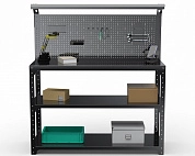 Стол-верстак Metalex серия KIT 950х1200х600 (2-е полки, + перфопанель с комплектом освещения) (чёрный)