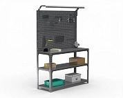 Стол-верстак Metalex серия KIT 950х1200х400 (2-е полки, двойная перфопанель с комплектом освещения) (серый)