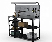 Стол-верстак Metalex серия KIT 950х1400х500 (с бок. полками, перфопанелью и комп. освещения) (чёрный)