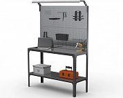 Стол-верстак Metalex серия KIT 950х1500х400 (одна полка + двойная перфопанель с комплектом освещения) (серый)